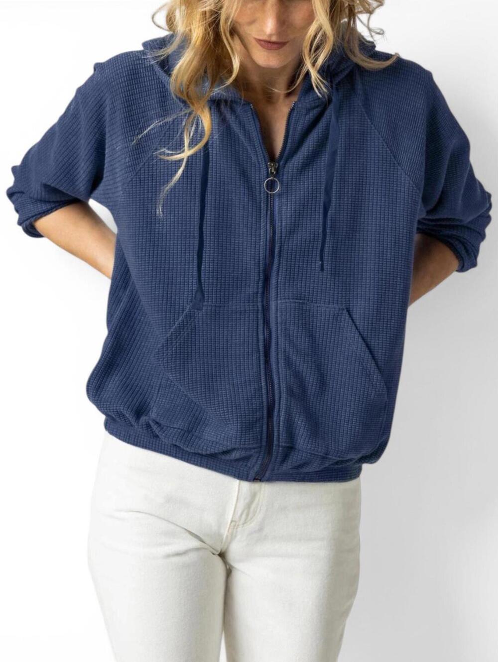 Lilla P Women's Small Zip Front Kangaroo Pocket Hoodie Navy Waffle Knit Jacket